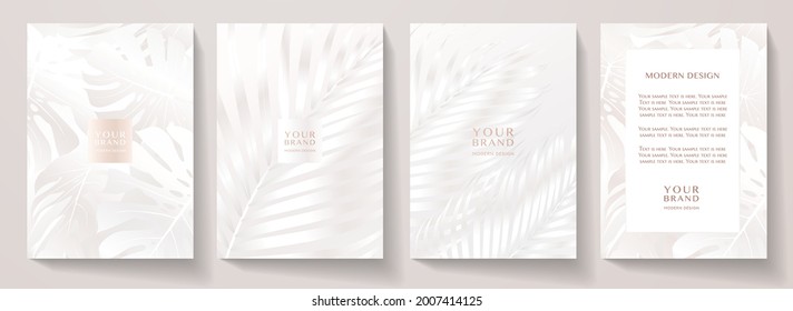 Tropical white cover design set. Floral beauty background with exotic leaf pattern (philodendron). Elegant vector template for wedding invite, brochure layout, spa leaflet, cosmetics backdrop, makeup - Shutterstock ID 2007414125