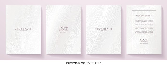 Tropical white cover design set. Floral beauty background with exotic leaf pattern (monstera plant). Elegant vector template for wedding invite, brochure layout, spa leaflet, cosmetic backdrop, makeup