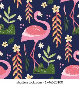 Tropical white flamingo bird seamless summer pattern. Exotic ornate vector wallpaper with pink wild animals and jungle floral illustrations on a pink background.