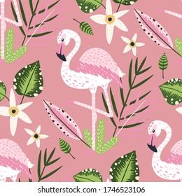 Tropical white flamingo bird seamless summer pattern. Exotic ornate vector wallpaper with pink wild animals and jungle floral illustrations on a pink background.