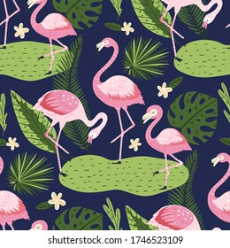Tropical white flamingo bird seamless summer pattern. Exotic ornate vector wallpaper with pink wild animals and jungle floral illustrations on a pink background.