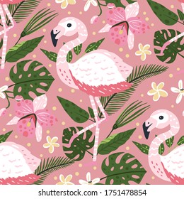 Tropical white flamingo bird seamless summer pattern. Exotic ornate vector art with pink wild flamingos and jungle floral illustrations.