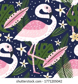 Tropical white flamingo bird seamless summer pattern. Exotic ornate vector wallpaper with pink wild animals and jungle floral illustraions on a pink background.