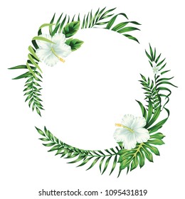 Tropical white hibiscus  floral green leaves wreath. Vector clip art. Jungle round frame