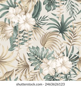 Tropical white hibiscus flower, green palm leaves seamless pattern. Exotic jungle wallpaper.	