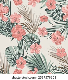 Tropical white hibiscus flower, green palm leaves seamless pattern. Exotic jungle wallpaper.