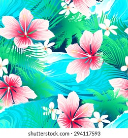 Tropical white hibiscus flowers with green leaves seamless pattern.