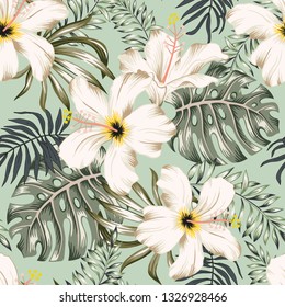 Tropical white hibiscus flowers, monstera palm leaves bouquets, green background. Vector seamless pattern. Jungle foliage illustration. Exotic plants. Summer beach floral design. Paradise nature