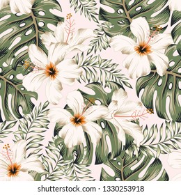 Tropical white hibiscus flowers, monstera palm leaves bouquets, white background. Vector seamless pattern. Jungle foliage illustration. Exotic plants. Summer beach floral design. Paradise nature