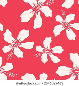 Tropical white hibiscus flowers silhouettes, red background. Vector seamless pattern. Floral flat illustration. Exotic plants. Summer beach design. Paradise nature