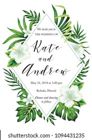 Tropical white hibiscus plumeria floral palm leaves wedding invitation. Rectangle vector card.