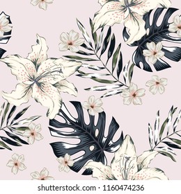 Tropical white lily flowers and gray palm, monstera leaves, pale pink background. Vector seamless pattern. Jungle foliage illustration. Exotic plants. Summer beach floral design. Paradise nature