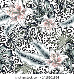 Tropical white lily flowers, gray palm leaves, leopard skin texture background. Vector seamless pattern. Jungle foliage illustration. Exotic plants. Summer beach floral design. Paradise nature