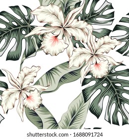 Tropical white orchid flowers, green monstera, banana palm leaves, white background. Vector seamless pattern. Jungle foliage illustration. Exotic plants. Summer beach floral design. Paradise nature