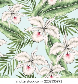 Tropical white orchid flowers, green  palm leaves, light blue background. Vector seamless pattern. Jungle foliage illustration. Exotic plants. Summer beach floral design. Paradise nature