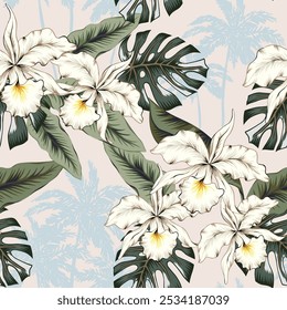 Flores de orquídeas blancas tropicales, hojas verdes, siluetas de palmeras, fondo beige. Patrón sin fisuras de Vector. Ilustración floral. Plantas exóticas. Diseño de playa de verano. Naturaleza del paraíso