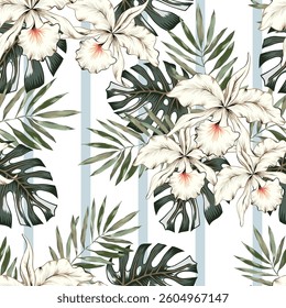 Tropical white orchid flowers, monstera palm leaves, striped background. Vector seamless pattern. Jungle foliage illustration. Exotic plants. Summer beach floral design. Paradise nature