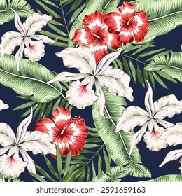 Tropical white orchid flowers, red hibiscuses, green palm leaves, black background. Vector seamless pattern. Jungle foliage illustration. Exotic plants. Summer beach floral design. Paradise nature