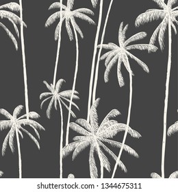 Tropical white palm trees pattern black background. Hand drawn vector illustration. Good for swimwear, fabric or decoration