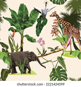 Tropical wild animals, crane, elephant, giraffe and palm trees, banana tree. Floral seamless pattern on beige background. Exotic botanical jungle wallpaper.