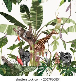 Tropical wild animals, flamingo, zebra, giraffe and palm trees, banana tree. Floral seamless pattern on white background. Exotic botanical jungle wallpaper.