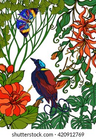 Tropical wild birds and flowers. Colored  illustration. 