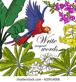 Tropical wild birds and flowers and space for text. Colored vector illustration. 