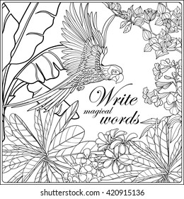 Tropical wild birds and flowers and space for text. Coloring book for adult and older children. Coloring page. Outline vector illustration. 