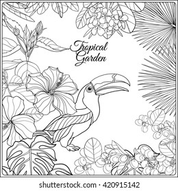 Tropical wild birds and flowers and space for text. Coloring book for adult and older children. Coloring page. Outline vector illustration. 