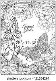 Tropical wild birds and flowers and space for text. Coloring book for adult and older children. Coloring page. Outline vector illustration.