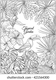 Tropical wild birds and flowers and space for text. Coloring book for adult and older children. Coloring page. Outline vector illustration.