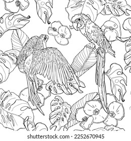 Tropical wild birds and plants. Tropical garden collection. Coloring page. Coloring book for adult and older children. Outline vector illustration. Parrot