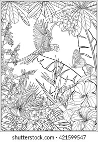 Tropical wild birds and plants. Tropical garden collection. Coloring page. Coloring book for adult and older children.  Outline vector 