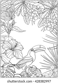Tropical wild birds and plants. Tropical garden collection. Coloring page. Coloring book for adult and older children. Outline vector