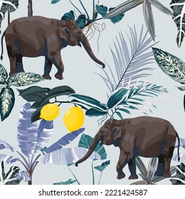Tropical wild elephant animal and abstract brown palm trees, banana tree. Floral seamless pattern on white background. Exotic botanical jungle wallpaper.