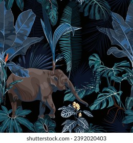 Tropical wild elephant  animal, abstract blue palm trees, banana tree. Floral seamless night pattern on blak background. Exotic botanical jungle wallpaper.