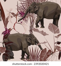 Tropical wild elephant  animal, abstract brown palm trees, banana tree. Floral seamless night pattern on beige background. Exotic botanical jungle wallpaper.