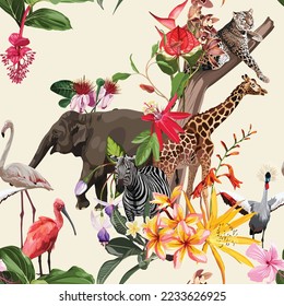 Tropical wild elephant, giraffe, zebra animal, exotic flowers. Floral seamless pattern on beige background. Exotic botanical jungle wallpaper.