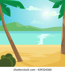 Tropical wild empty beach. Vector flat cartoon illustration