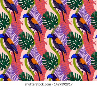 Tropical wildlife bird, seamless pattern. Print for textile, cloth, wallpaper, scrapbooking