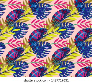 Tropical wildlife, chameleon seamless pattern. Hand Drawn jungle nature, flowers illustration. Print for textile, cloth, wallpaper, scrapbooking