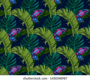 Tropical wildlife, chameleon seamless pattern. Hand Drawn jungle nature, flowers illustration. Print for textile, cloth, wallpaper, scrapbooking