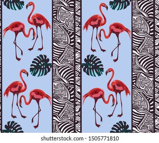 Tropical wildlife, flamingo bird, seamless pattern. Print for textile, cloth, wallpaper, scrapbooking