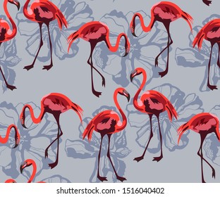 Tropical wildlife, flamingo bird, seamless pattern. Ethnic seamless pattern ornament. Vector pattern.  