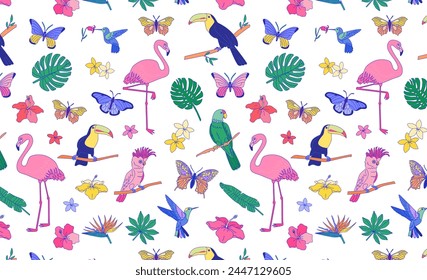 Tropical wildlife pattern with flamingos, parrots, toucans, palm leaves and flowers on grey background. Design for textile, wallpaper, print. Summer vacation and travel concept.