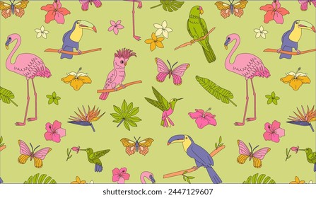 Tropical wildlife pattern with flamingos, parrots, toucans, palm leaves and flowers on grey background. Design for textile, wallpaper, print. Summer vacation and travel concept.