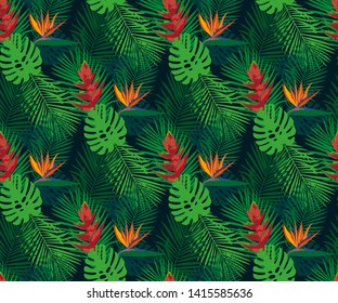 Tropical wildlife seamless pattern. Tropical leaves and flowers vector pattern