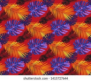 Tropical wildlife seamless pattern. Tropical leaves and flowers vector pattern