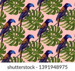 Tropical wildlife seamless pattern. Madagascar bird, flowers vector pattern