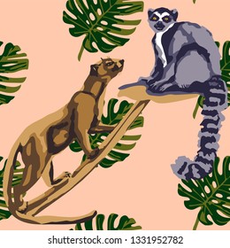 Tropical wildlife seamless pattern. Madagascar animals, flowers ornament. Vector pattern.
